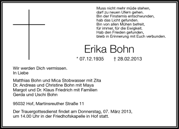 Traueranzeige von Erika Bohn von Frankenpost