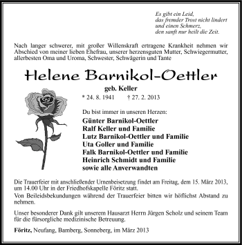 Traueranzeige von Helene Barnikol-Oettler von Südthüringer Presse