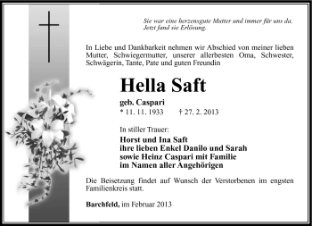 Traueranzeige von Hella Saft von Südthüringer Presse