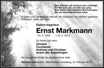 Traueranzeige von Ernst Markmann von Südthüringer Presse