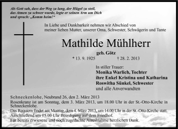 Traueranzeige von Mathilde Mühlherr von Neue Presse Coburg