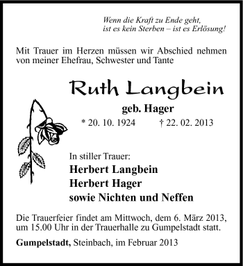 Traueranzeige von Ruth Langbein von Südthüringer Presse