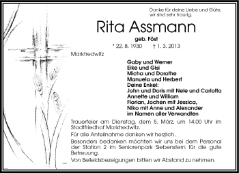 Traueranzeige von Rita Assmann von Frankenpost