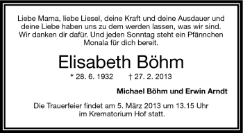 Traueranzeige von Elisabeth Böhm von Frankenpost