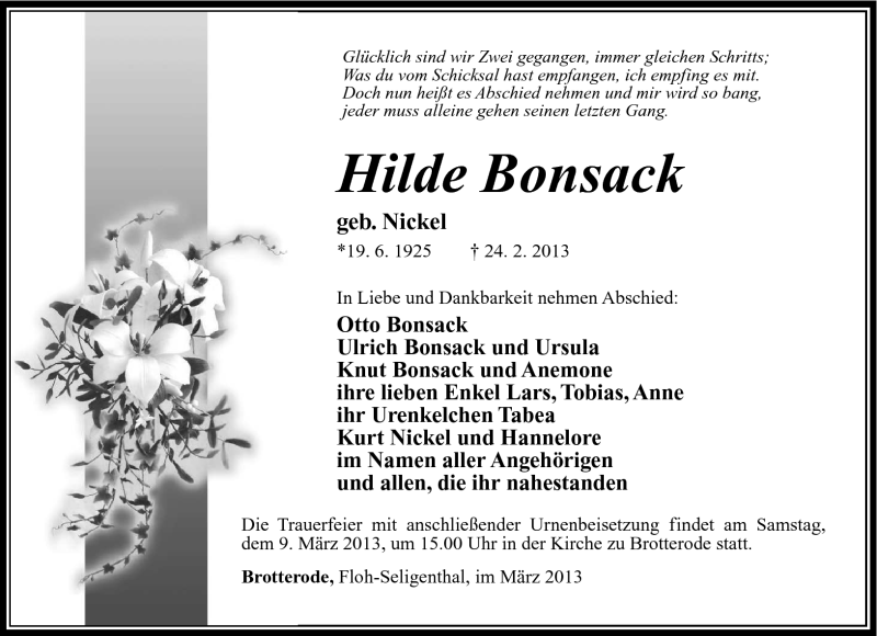  Traueranzeige für Hilde Bonsack vom 07.03.2013 aus Südthüringer Presse
