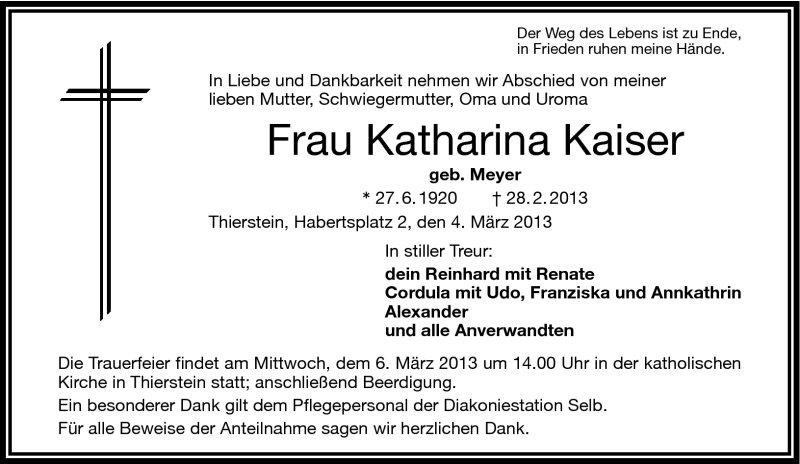  Traueranzeige für Katharina Kaiser vom 04.03.2013 aus Frankenpost