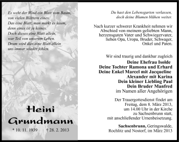 Traueranzeige von Heini Grundmann von Südthüringer Presse