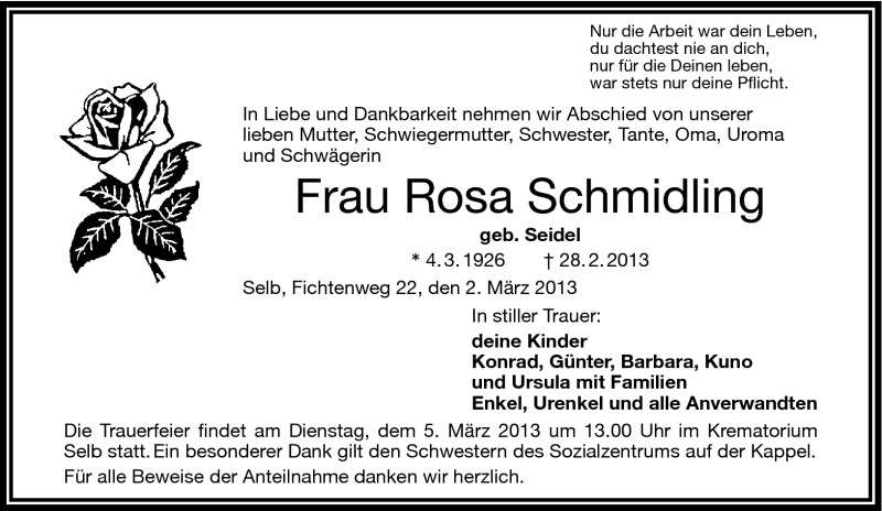  Traueranzeige für Rosa Schmidling vom 02.03.2013 aus Frankenpost
