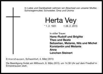 Traueranzeige von Herta Vey von Neue Presse Coburg