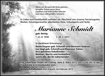 Traueranzeige von Marianne Schmidt von Südthüringer Presse