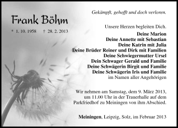 Traueranzeige von Frank Böhm von Südthüringer Presse