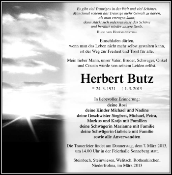 Traueranzeige von herbert Butz von Südthüringer Presse