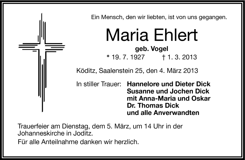  Traueranzeige für Maria Ehlert vom 04.03.2013 aus Frankenpost