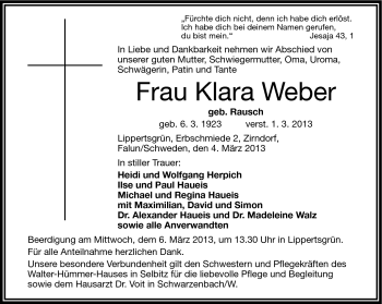 Traueranzeige von Klara Weber von Frankenpost