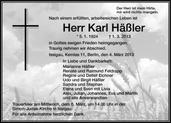 Traueranzeige von Karl Häßler von Frankenpost