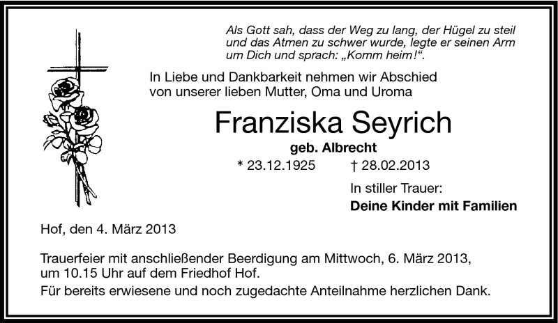  Traueranzeige für Franziska Seyrich vom 04.03.2013 aus Frankenpost