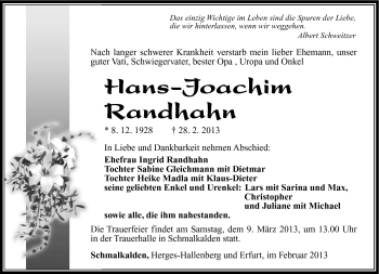 Traueranzeige von Hans-Joachim Randhahn von Südthüringer Presse