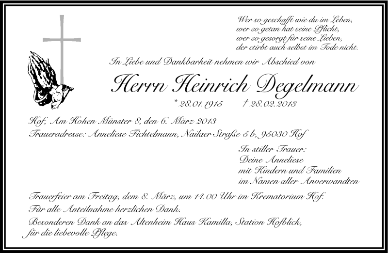  Traueranzeige für Heinrich Degelmann vom 06.03.2013 aus Frankenpost