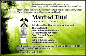 Traueranzeige von Manfred Tittel von Südthüringer Presse