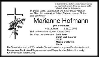 Traueranzeige von Marianne Hofmann von Frankenpost