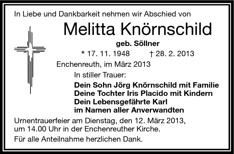  Traueranzeige für Melitta Knörnschild vom 09.03.2013 aus Frankenpost