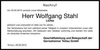 Traueranzeige von Wolfgang Stahl von Neue Presse Coburg