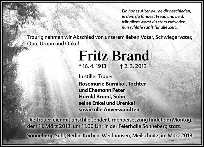  Traueranzeige für Fritz Brand vom 07.03.2013 aus Südthüringer Presse