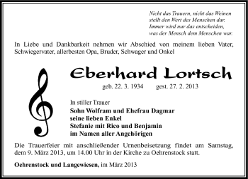 Traueranzeige von Eberhard Lortsch von Südthüringer Presse