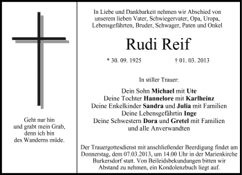 Traueranzeige von Rudi Reif von Neue Presse Coburg