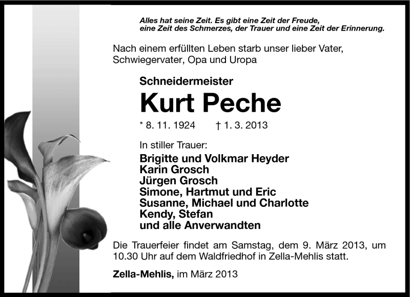  Traueranzeige für Kurt Peche vom 06.03.2013 aus Südthüringer Presse
