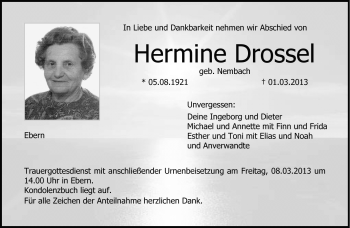Traueranzeige von Hermine Drossel von Neue Presse Coburg