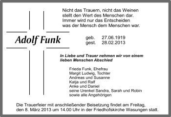Traueranzeige von Adolf Hermann Funk von Südthüringer Presse
