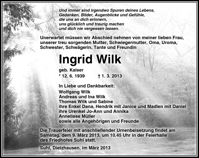  Traueranzeige für Ingrid Wilk vom 06.03.2013 aus Südthüringer Presse