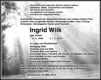 Traueranzeige von Ingrid Wilk von Südthüringer Presse