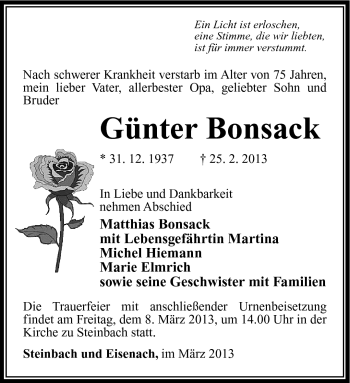 Traueranzeige von Günter Bonsack von Südthüringer Presse