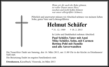 Traueranzeige von Helmut Schäfer von Südthüringer Presse