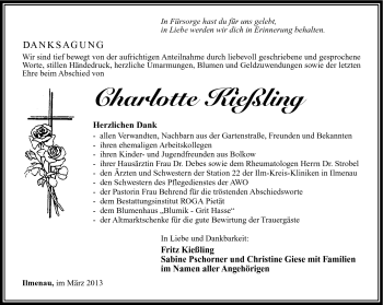 Traueranzeige von Charlotte Kießling von Südthüringer Presse