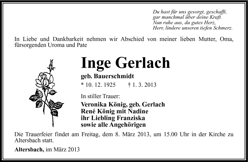  Traueranzeige für Inge Gerlach vom 06.03.2013 aus Südthüringer Presse