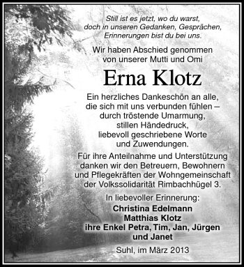 Traueranzeige von Erna Klotz von Südthüringer Presse