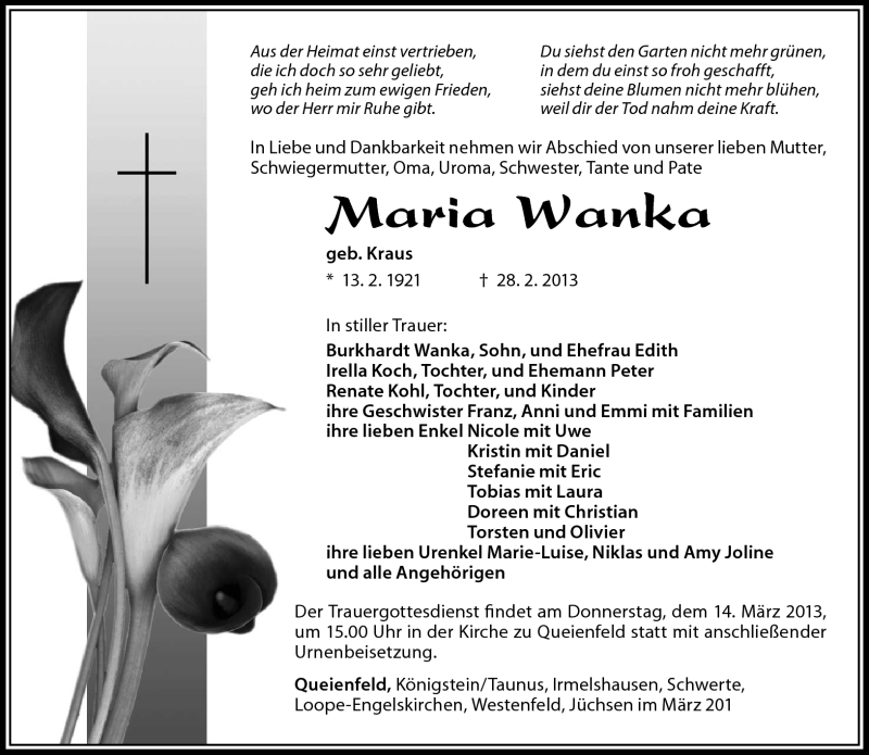  Traueranzeige für Maria Wanka vom 06.03.2013 aus Südthüringer Presse