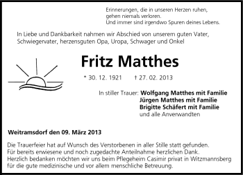 Traueranzeige von Fritz Matthes von Neue Presse Coburg