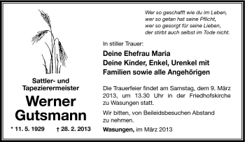 Traueranzeige von Werner Gutsmann von Südthüringer Presse