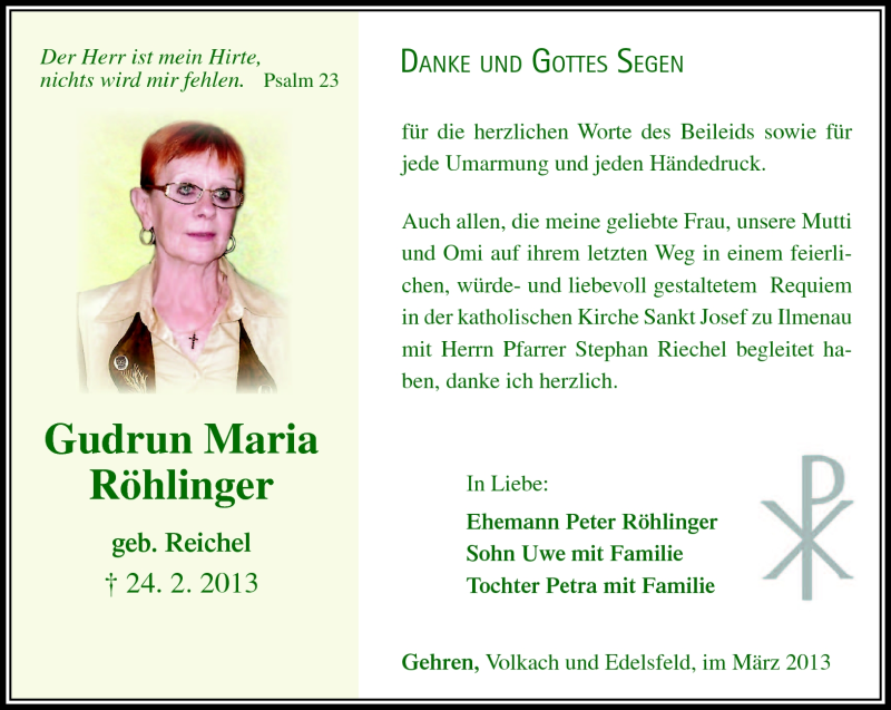  Traueranzeige für Gudrun Maria Röhlinger vom 09.03.2013 aus Südthüringer Presse