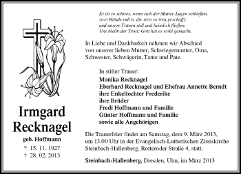 Traueranzeige von Irmgard Recknagel von Südthüringer Presse