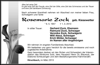 Traueranzeige von Rosemarie Zock von Südthüringer Presse