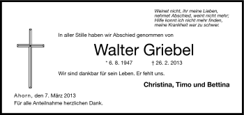 Traueranzeige von Walter Griebel von Neue Presse Coburg