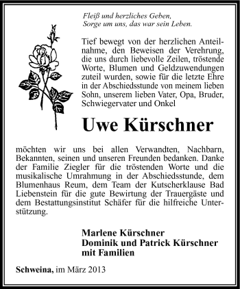 Traueranzeige von Uwe Kürschner von Südthüringer Presse