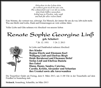 Traueranzeige von Renate Linß von Südthüringer Presse