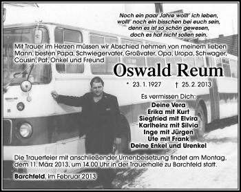 Traueranzeige von Oswald Reum von Südthüringer Presse