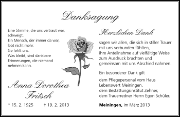 Traueranzeige von Anna Dorothea Fritsch von Südthüringer Presse